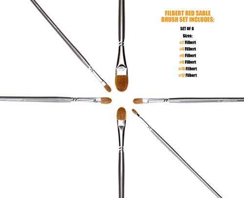 Red Sable Filbert Paint Brushes - Set of 6 Acrylic, Watercolor, Mixed Media or Oil Paint Brushes. Long Handle Professional Art Supplies for Canvas Painting