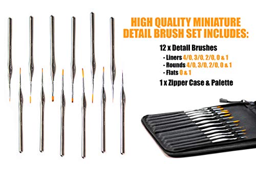 Miniatures Paint Brush Set - 12pc with Included Case and Mini Palette. Tiny Professional Fine Detail Brushes, Detailing Paint kit for Acrylic, Watercolor - Scale Models, Art, Paint by Numbers Kit